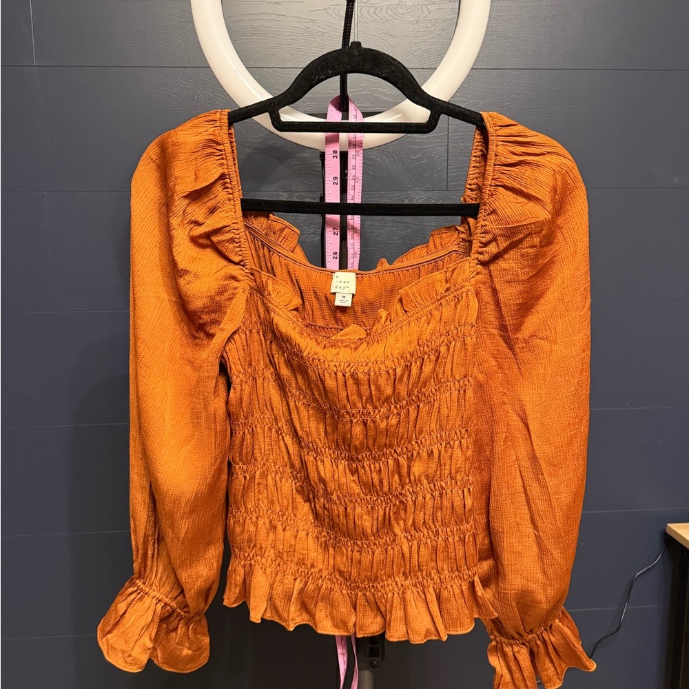 A New Day Orange Puff Sleeve Smocked Blouse